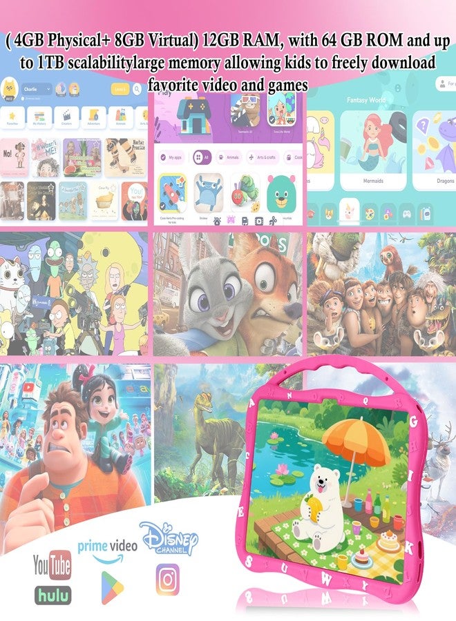 MengDash Kids Tablet, 10.1 inch Tablet for Kids, Educational Learning Toddler Tablet Android 14, 12GB RAM+64GB ROM Storage, 5G WiFi,for Baby Girl boy 3-10(Red) - Image 3